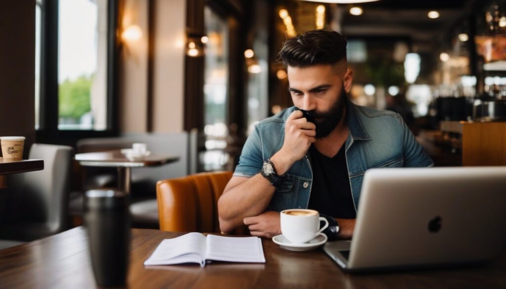 Adult working on a laptop in a bright cafe