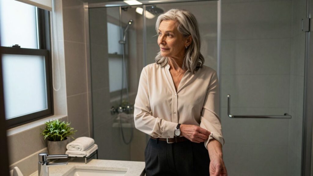 woman in the bathroom clothed