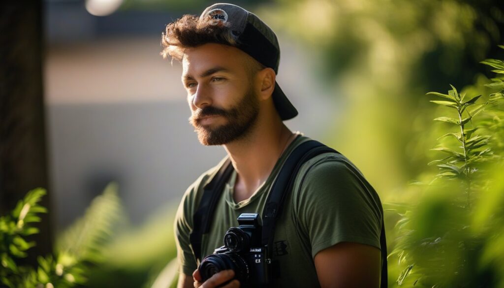 Adult adjusting camera settings outdoors