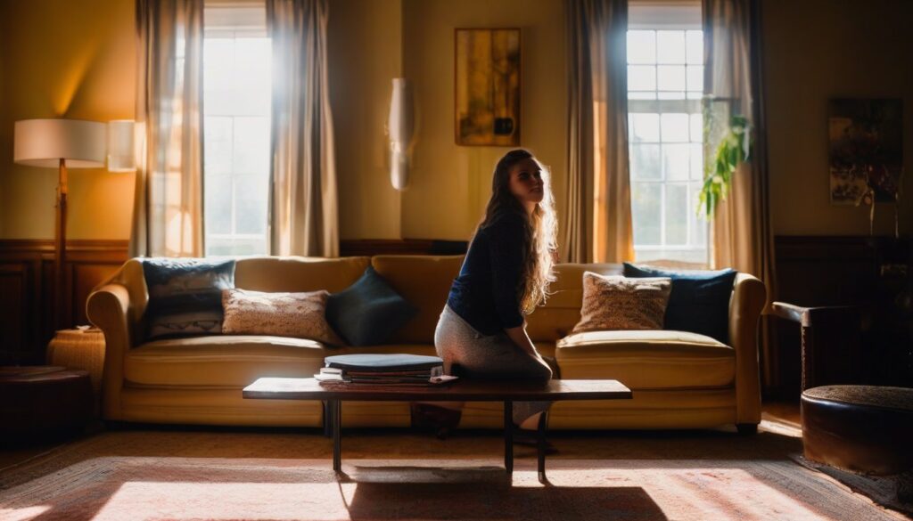 Adult evaluating old furniture in a bright living room